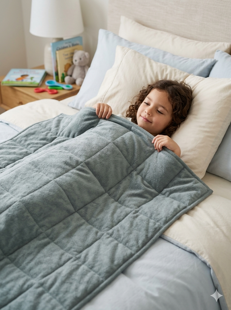 A safe pediatric-approved weighted blanket laid flat on a clean twin bed in a sensory-friendly child's bedroom.