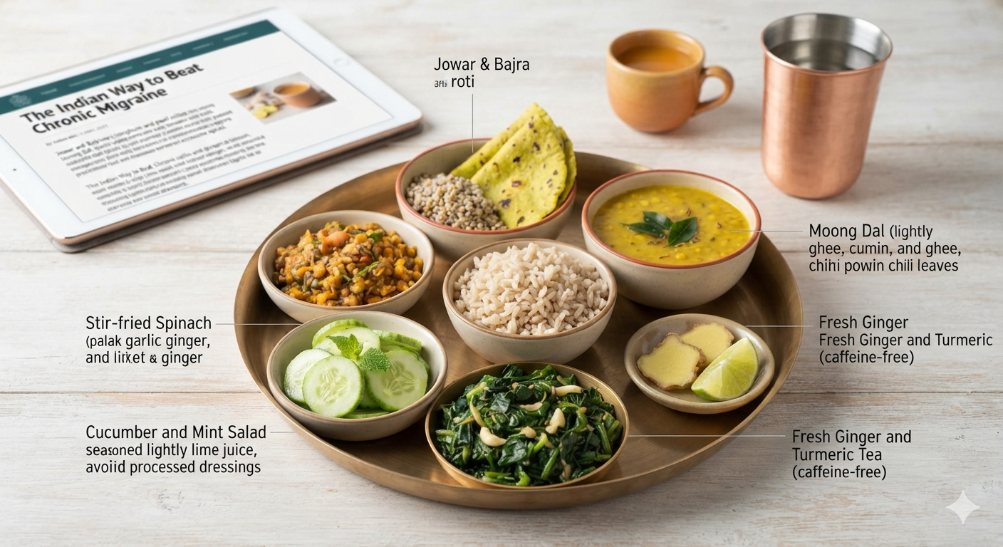 A healthy Indian migraine diet plan thali featuring moong dal, jowar roti, unpolished rice, spinach, and ginger tea for natural chronic headache relief.