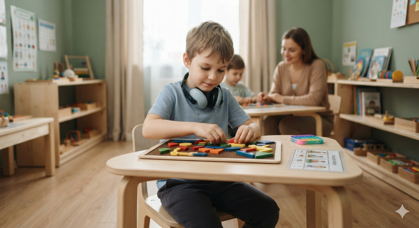 An AuDHD child wearing noise-canceling headphones focuses on a colorful geometric puzzle to regulate his central nervous system in a sensory-friendly classroom