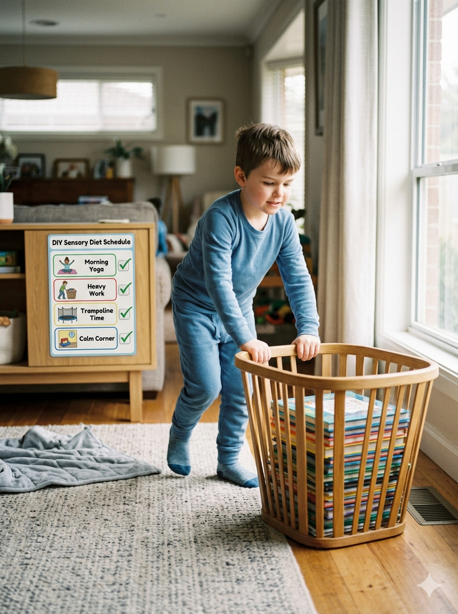 A young child pushing a heavy basket of books on a living room rug, practicing heavy work as part of a daily DIY sensory diet schedule for ADHD at home