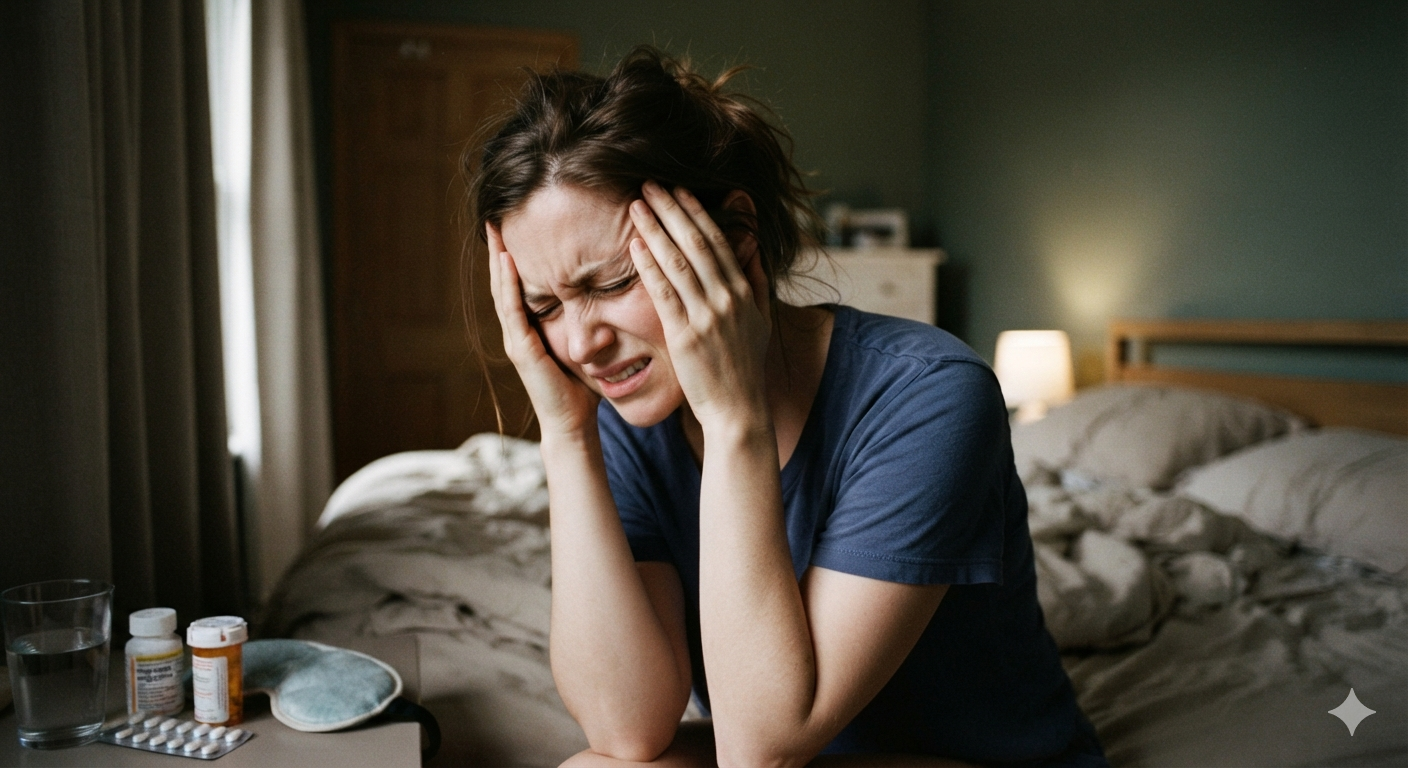 A patient practicing natural migraine prevention techniques by relaxing in a quiet room to reduce severe head pain triggers