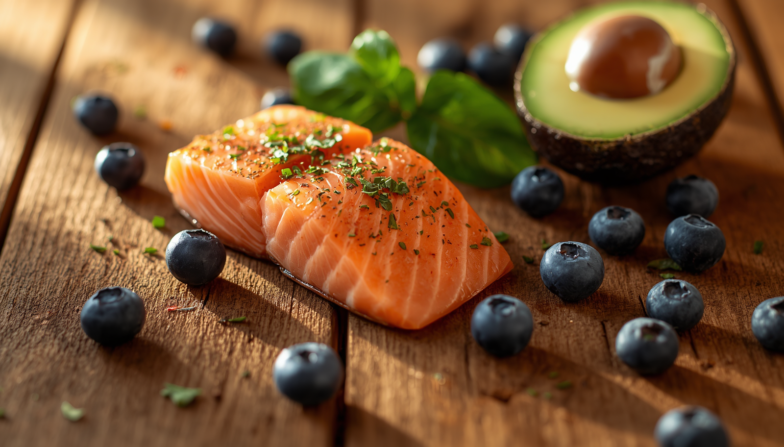 Alt Text: Overhead shot of anti-inflammatory foods for ACL surgery recovery including fresh salmon, blueberries, avocado, spinach, walnuts, and citrus fruits.